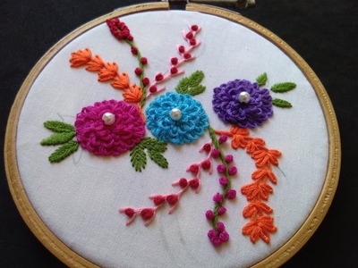 Hand Embroidery - Rosette Chain Stitch,  Feather Stitch And French Knot Flower Design
