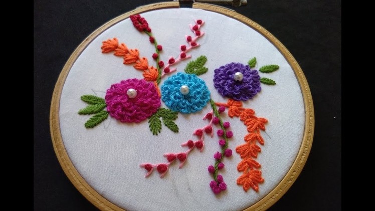 Hand Embroidery - Rosette Chain Stitch,  Feather Stitch And French Knot Flower Design
