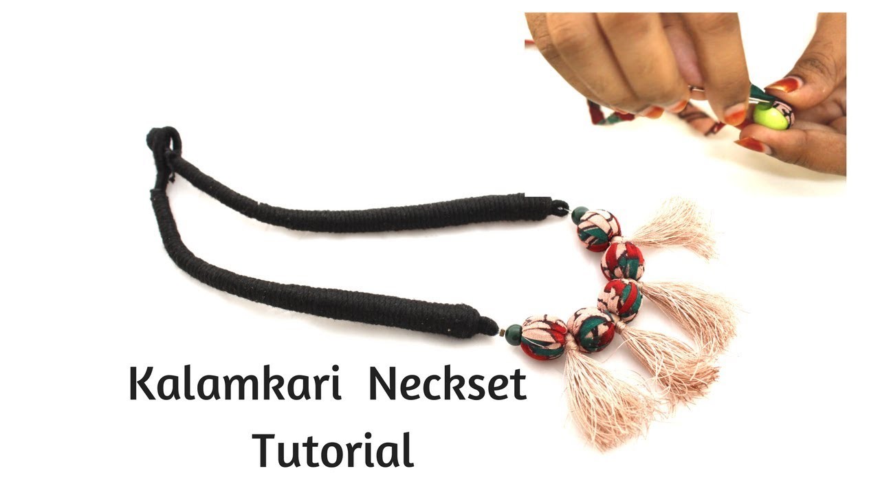 How to make kalamkari neckset with tassel|Kalamkari neckset with bead covering with fabric