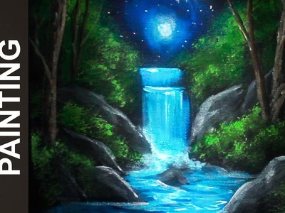 Painting a Moonlit Waterfall Landscape with Acrylics in 10 Minutes!