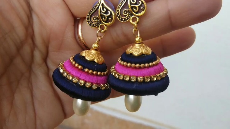 Silk Thread Jhumka with Plastic Ring Base.Matching Necklace and Bangle set
