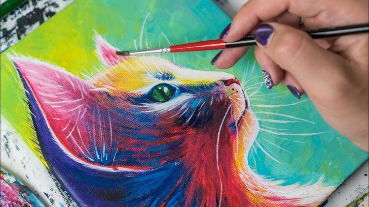 The Colorfull Sweet Cat - Acrylic painting. Homemade Illustration (4k)