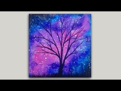 Watercolor Painting Rose Galaxy and Tree Silhouette