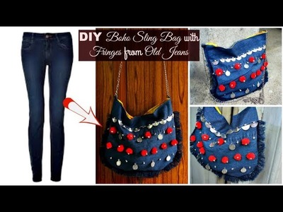 DIY Denim Sling Bag with Fringes from Old Jeans | DIY Boho Sling Bag | How to make a Bag from Jeans