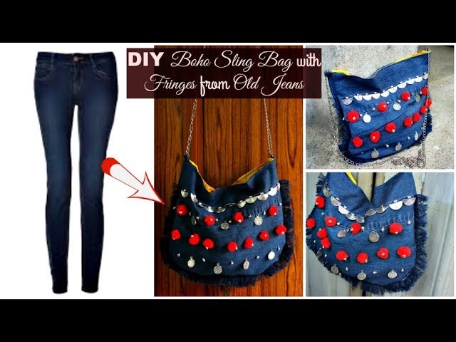 DIY Denim Sling Bag with Fringes from Old Jeans | DIY Boho Sling Bag | How to make a Bag from Jeans