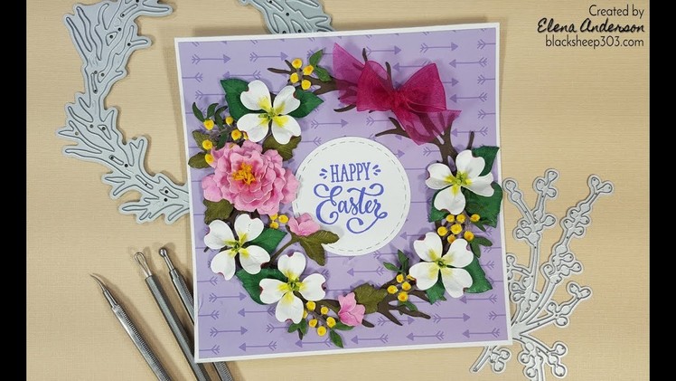 Garden Notes Peony & Dogwood Easter Wreath Card with Elizabeth Craft Designs