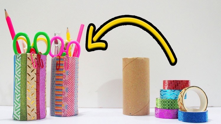 5 Minute DIY | How to Make Pen holder with Tissue Roll | Washi Tape Hacks