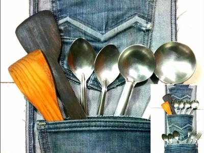 DIY,old denim jeans recycling ideas #2,how to recycle old jeans into kitchen utensils holder