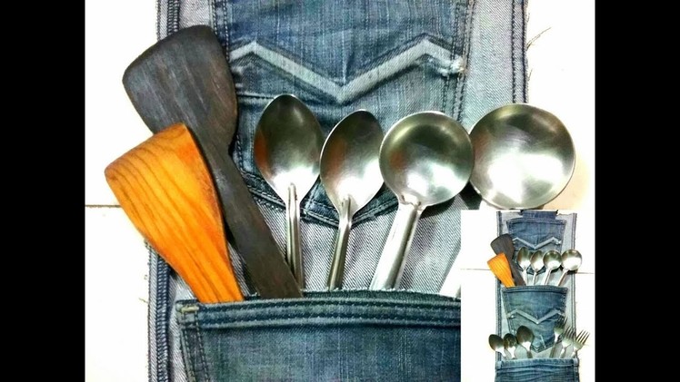 DIY,old denim jeans recycling ideas #2,how to recycle old jeans into kitchen utensils holder