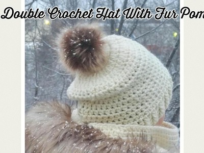 Half Double Crochet Slouch  Hat With Faux Fox Fur Pom Pom