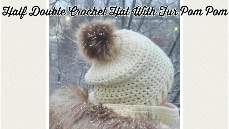 Half Double Crochet Slouch  Hat With Faux Fox Fur Pom Pom