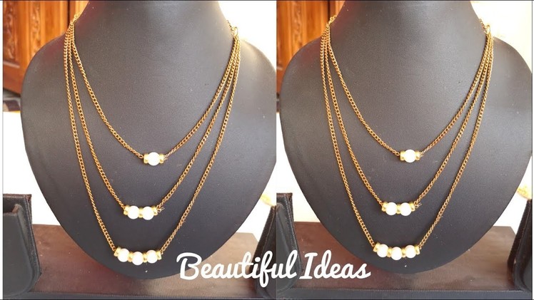 How to Make 3 Layers Gold Chain Necklace with Designer Pearls.Latest Fashion Jewelry.Beautiful Ideas