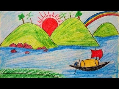 How to Draw Scenery of Mountain Summer Season for Kids | Drawing Mountain with River Scenery