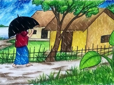 How to draw scenery of rainy season with color step by step (very easy drawing video)