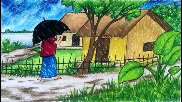How to draw scenery of rainy season with color step by step (very easy drawing video)