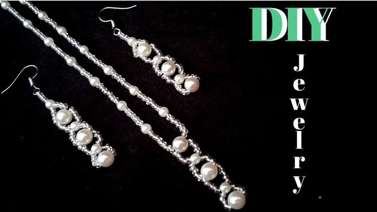 How to make an elegant jewelry set. Bridal jewelry set. Easy beading pattern. Pearl jewelry making
