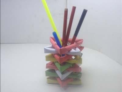 How to Make Easy Pen Stand From Colour Paper material !! DIY  Paper Pen holder