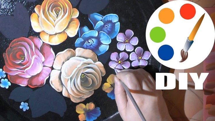 DIY, Decoration idea, Zhostovo Style, Paint flowers on a black tray