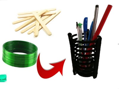 Unique Reuse DIY Idea | pen stand. spoon stand making with pop sticks and bangles