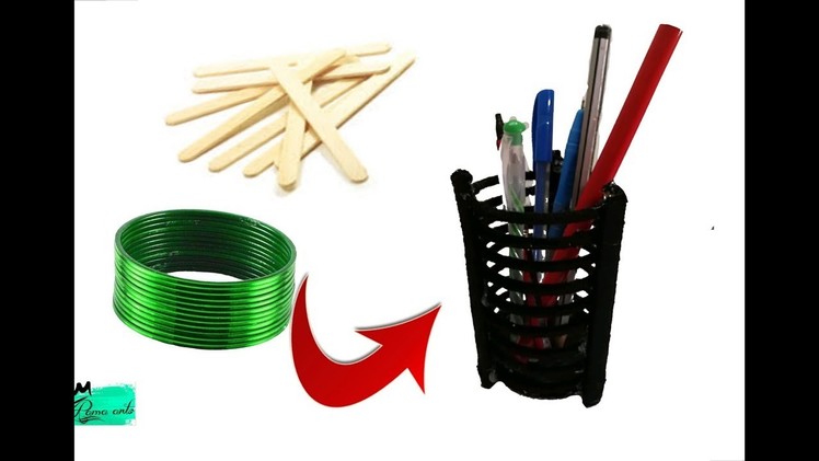 Unique Reuse DIY Idea | pen stand. spoon stand making with pop sticks and bangles