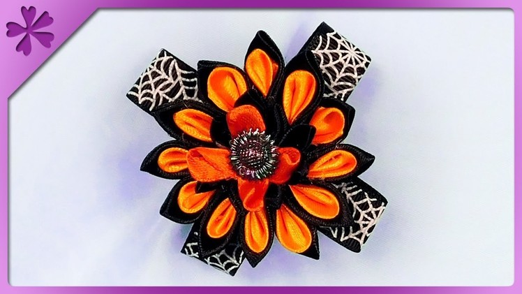 DIY How to make hair clip with kanzashi ribbon flower for Halloween (ENG Subtitles) - Speed up #410