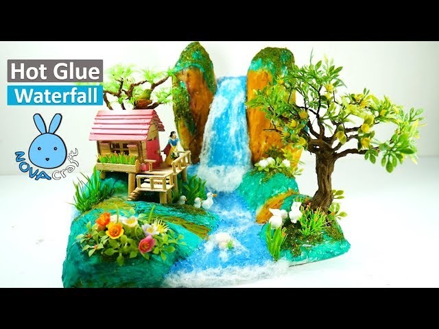 Hot Glue Waterfall mini house building Tutorial DIY Newspaper Waterfall | Popsicle stick House