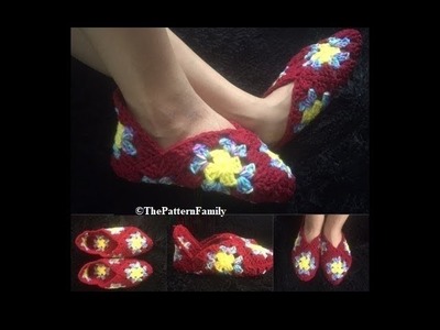How to Crochet Granny Square Slippers Pattern #120│by ThePatternfamily