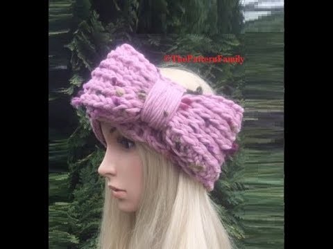 How to Crochet Ribbed Bow Ear Warmer. Headband Pattern #129│by ThePatternfamily