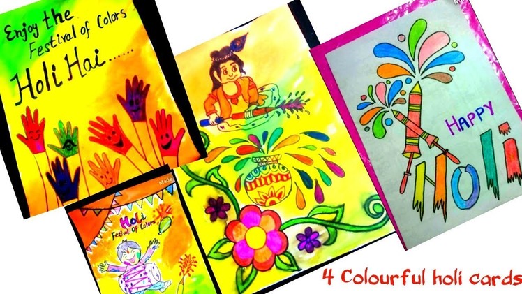 4 Handmade holi cards|Holi greeting cards|Colorful holi greeting card|How to make holi card for kids