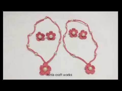 Crochet cotton thread necklace for kids - Crochet easy necklace and earrings making tutorial