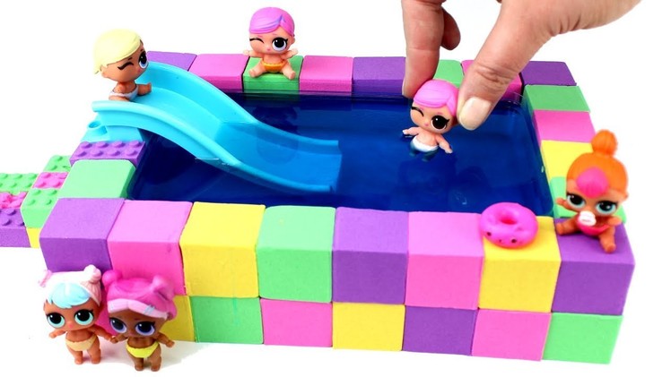 DIY How to Make Kinetic Sand Slime Pool with Lego Bricks and LOL Surprise Dolls Lil Sisters