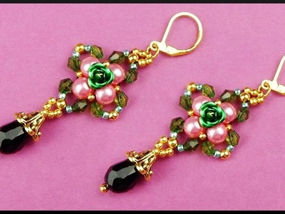 DIY | Perlen Blumen Ohrringe mit Tropfen Perle | Beaded earrings with teardrop | Beadwork jewelry
