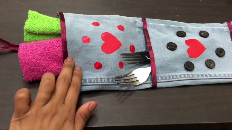 How To Make Simple Multipurpose Organizer From Old Denim Jeans. No Cost Kitchen Organization Idea
