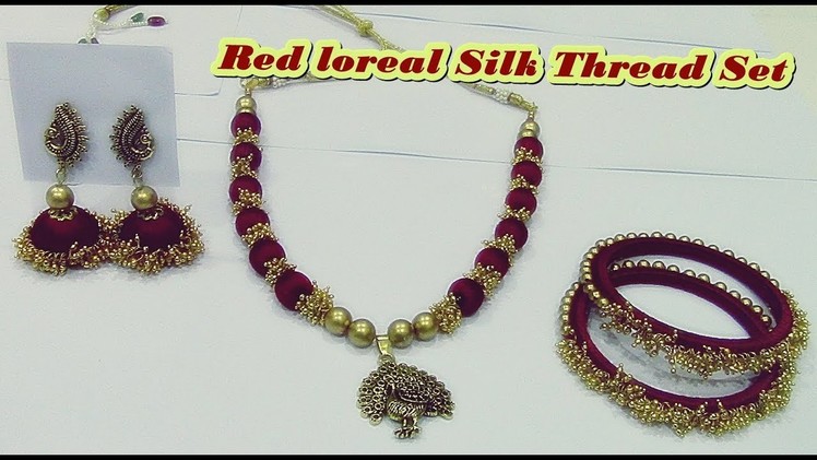 Red Silk thread jewelry set with loreals