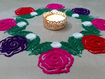 #CUTE Easy RANGOLI designs around DIYA * How to draw beautiful ROSE muggulu * simple kolam designs!