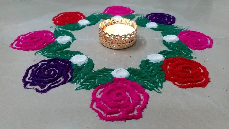 #CUTE Easy RANGOLI designs around DIYA * How to draw beautiful ROSE muggulu * simple kolam designs!