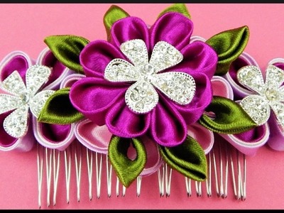 DIY Kanzashi | Blumen Haarschmuck aus Stoff | Ribbon hair comb with flower rhinestone | accessories