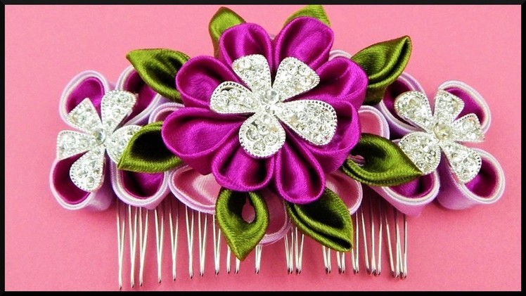 DIY Kanzashi | Blumen Haarschmuck aus Stoff | Ribbon hair comb with flower rhinestone | accessories