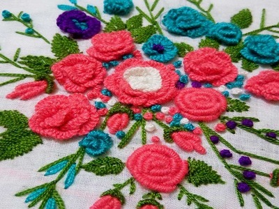 Hand Embroidery : Bullion Knot and brazilian Stitch Roses flower design