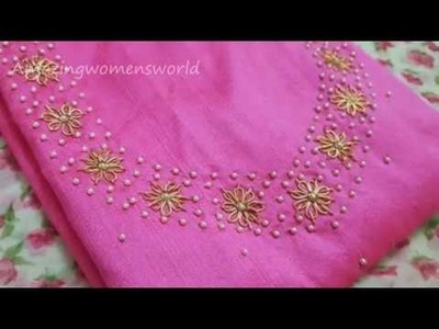 Zardosi Flower with Pearls Design on Churidar. Kurti || Aari.Maggam Hand Embroidery |Hand Stitches