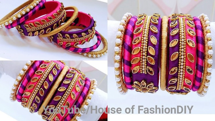 How  To Make Double Colour Thread Bangles.Pink & Violet Colour Silk Thread Bangles. !