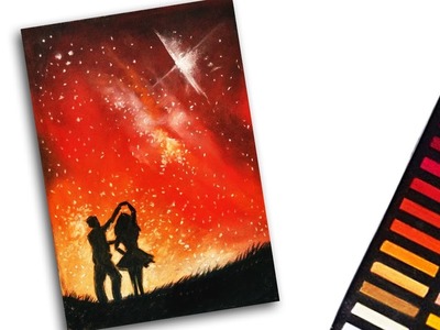Soft pastel drawing of starry night with couple dancing - landscape scenery drawing