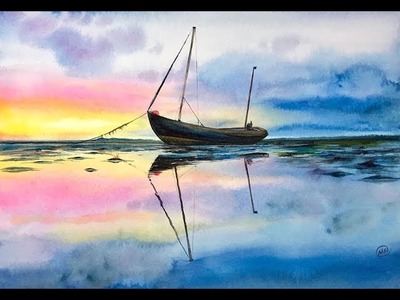 Watercolor Fisherman's Boat on a water  Painting Tutorial