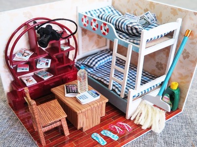 DIY Miniature Doll House Room ~ Bunk Bed ~ Bookcase ~ Table ~ Floor Cleaning -  Mini Crafts