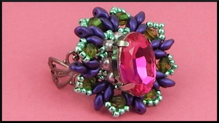 DIY | Perlen Strassstein Ring | Schmuck | Beaded twin beads ring with pink rhinestone | Beadwork