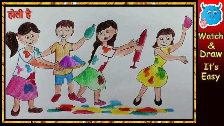 How to Draw a Holi Play Scene Easy Art for Kids