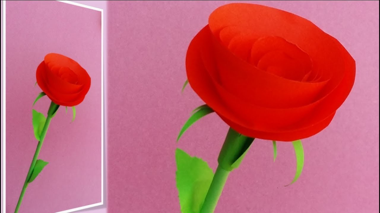 How to make a beautiful rose with stem and leaves using paper