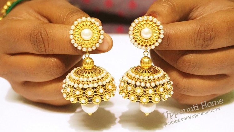 How To Make Beautiful Silk Thread Pearl Drop Jhumka Earrings At Home. DIY. Bridal Earrings Making
