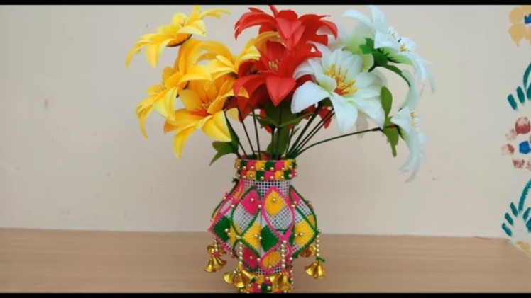 HOW TO MAKE FLOWER VASE MAKING AT HOME || DIY - FLOWER VASE FROM WOOLEN HANDMADE \\ home decoration