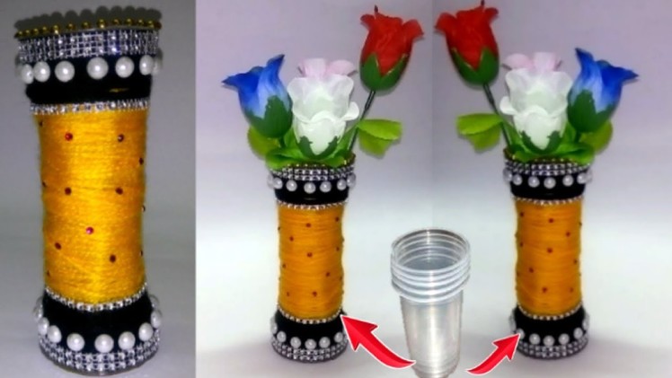 How to make flower vase.pot with Disposable Plastic Glass-Best out of waste flower pot.vase making